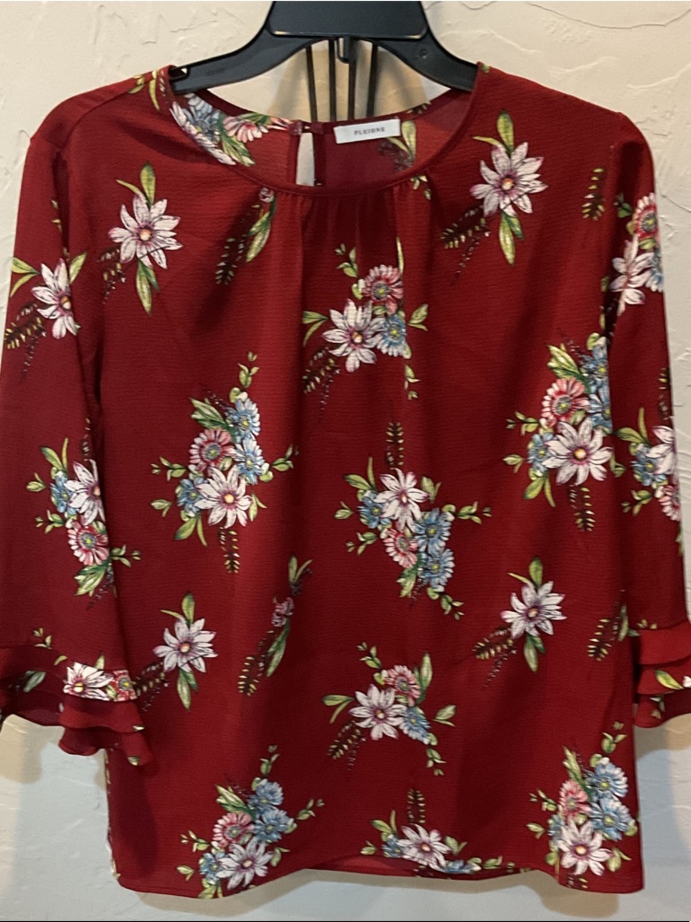Pleione Red Floral Ruffle-Sleeve Blouse